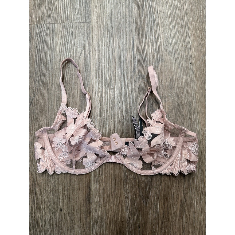 Victoria's Secret Unlined Plunge Bra Sz 34B Pink Floral Mesh Embroidered
